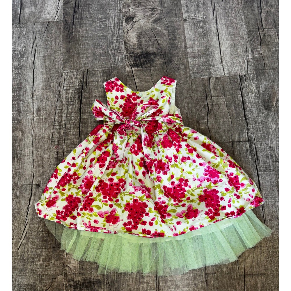 Floral Sleeveless Party Dress with Green Tulle Hem Pink‎ Red White Kids Size 4T - Picture 3 of 3